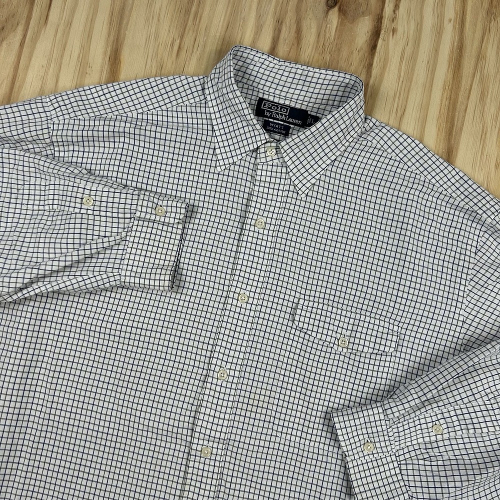 Polo Ralph Lauren Men's Large White Wyatt Check Long Sleeve Button Shirt Pocket